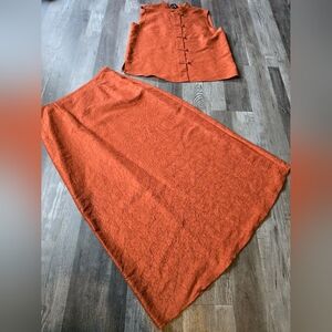 Eileen Fisher Silk Sleeveless Top Buttons Front Mandarin Collar Rust & Skirt M